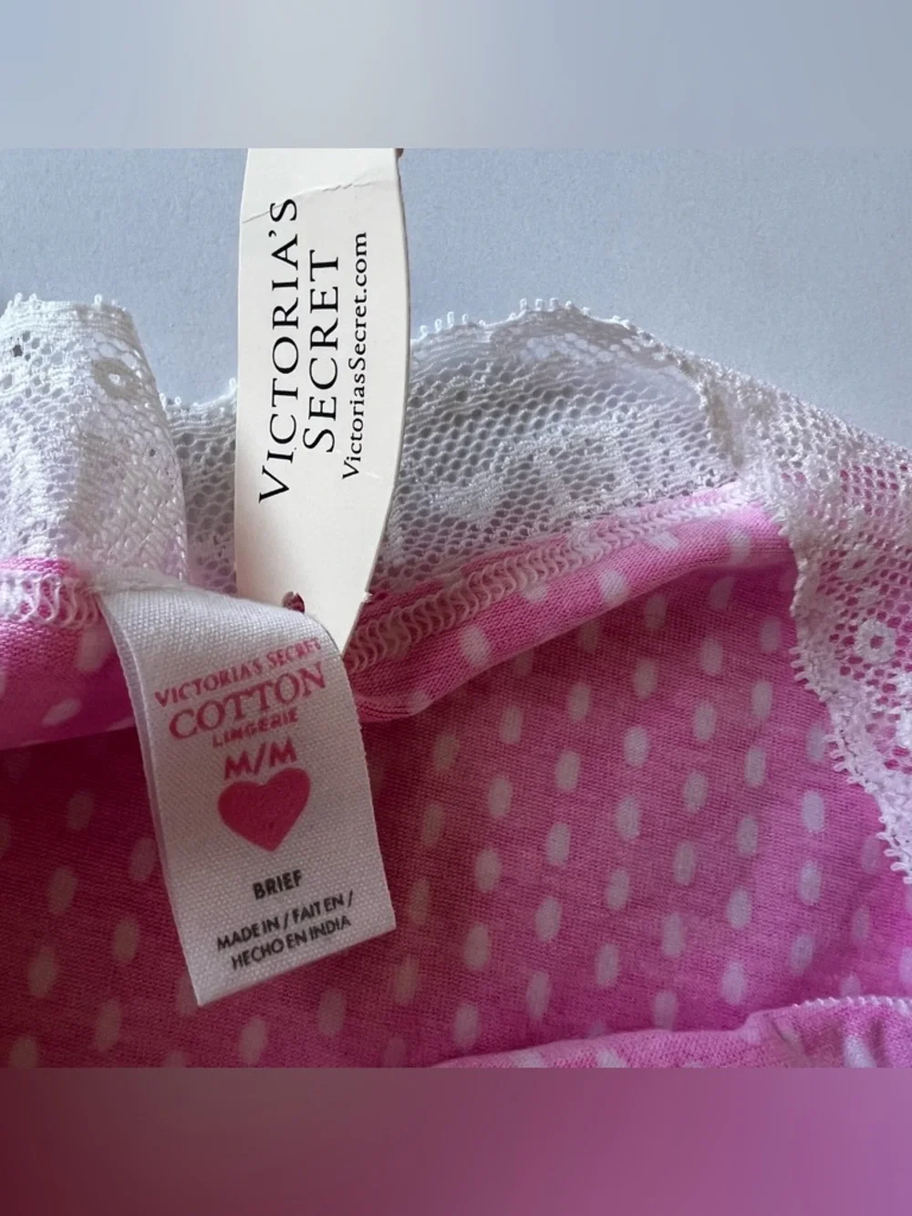 Victoria's Secret Vintage Cotton Lace Wait Brief Pink White Polka Dots M NEW - Picture 4 of 4